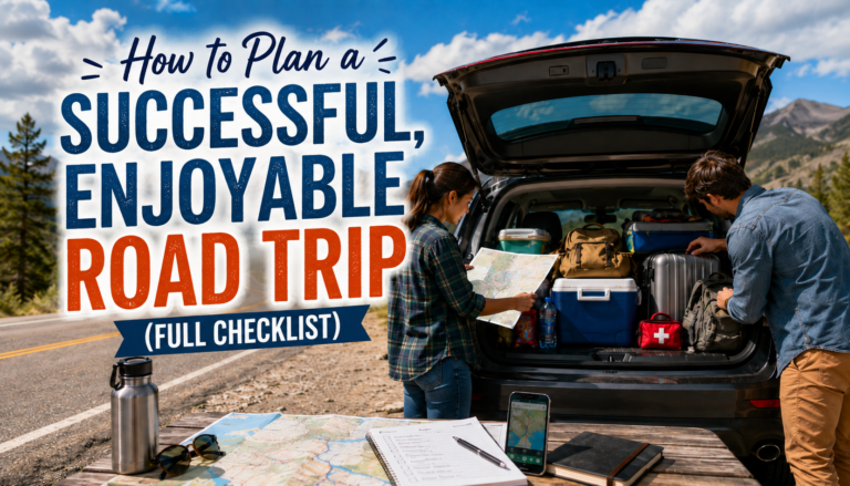 Road trip planning checklist covering packing, routes, safety, and travel essentials.
