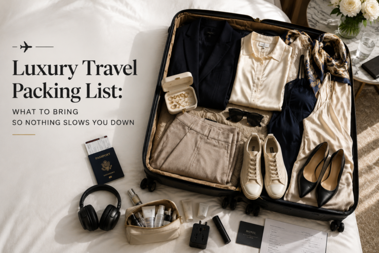 Luxury travel packing list featuring essentials for a comfortable and organized trip.
