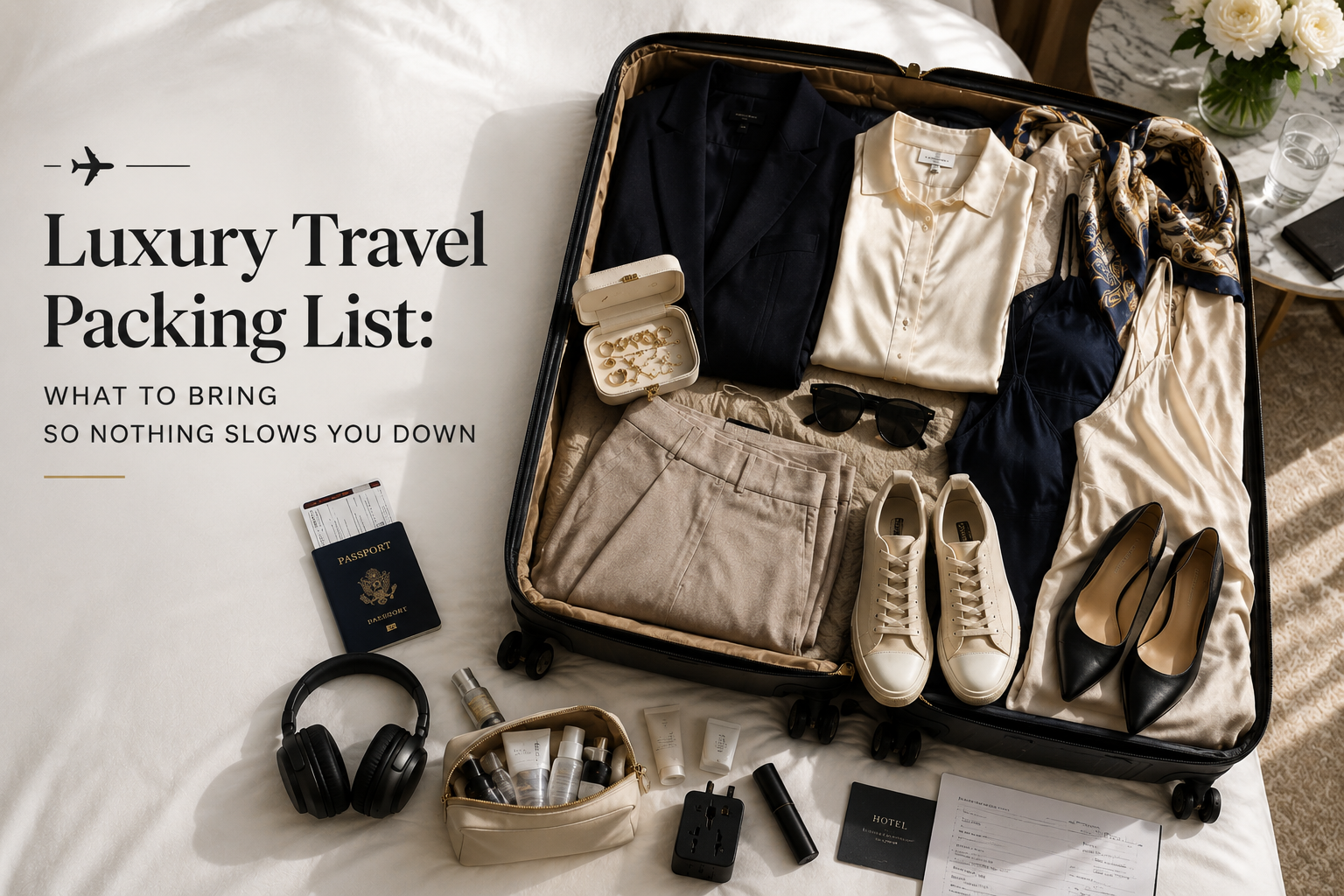 Luxury travel packing list featuring essentials for a comfortable and organized trip.