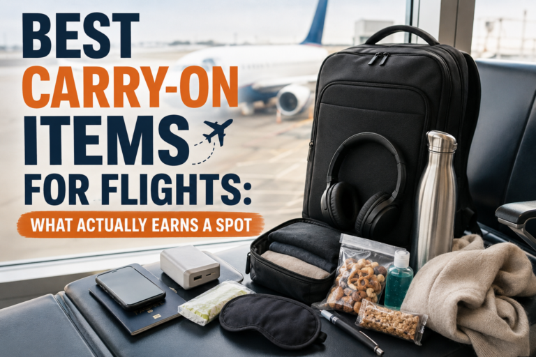 Essential carry-on items for flights, including travel documents, electronics, and comfort essentials.