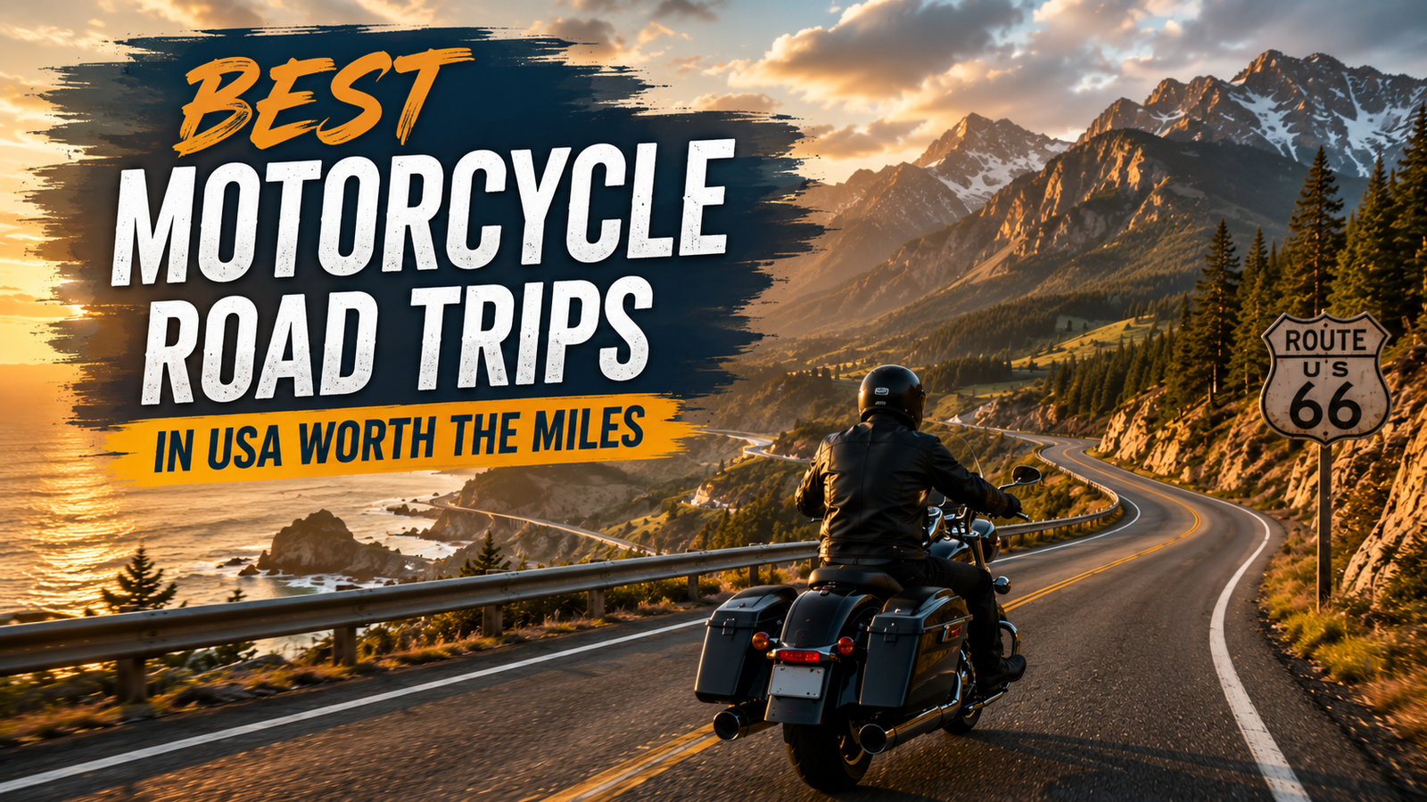 Motorcycle road trip through scenic U.S. routes, highlighting open roads and scenic landscapes.