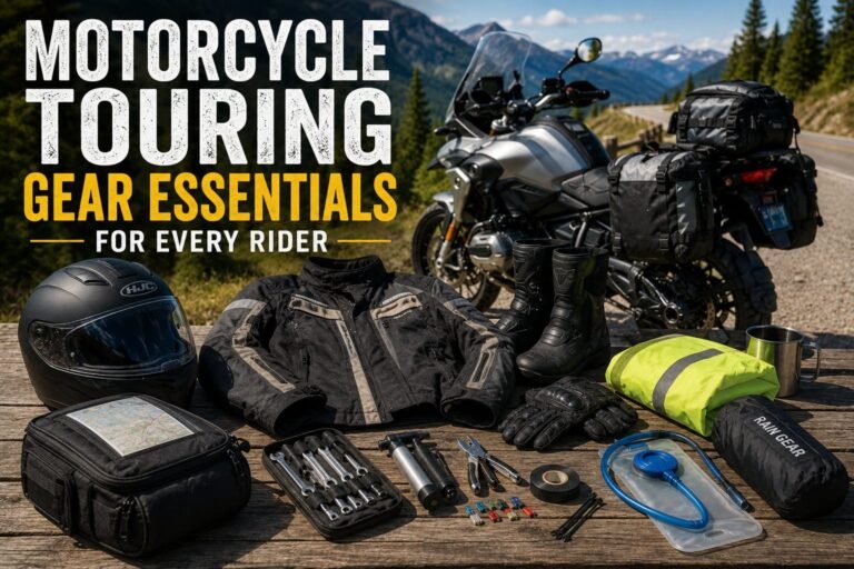 Essential motorcycle touring gear, including riding protection, luggage, and travel accessories.