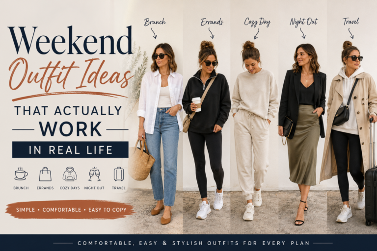 Casual weekend outfit ideas featuring comfortable, stylish looks for everyday activities.